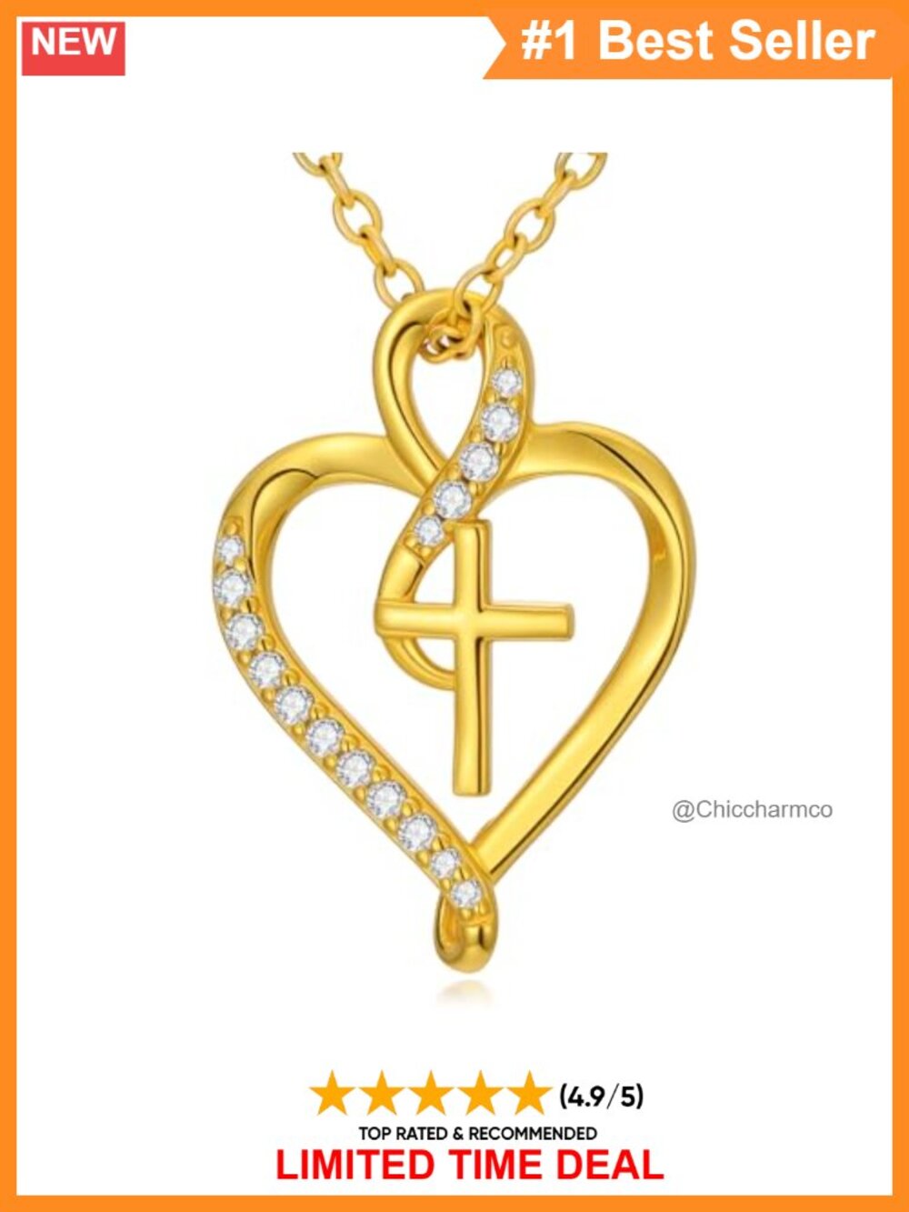 14K Solid Gold Heart Cross Pendant Necklace Women 18in